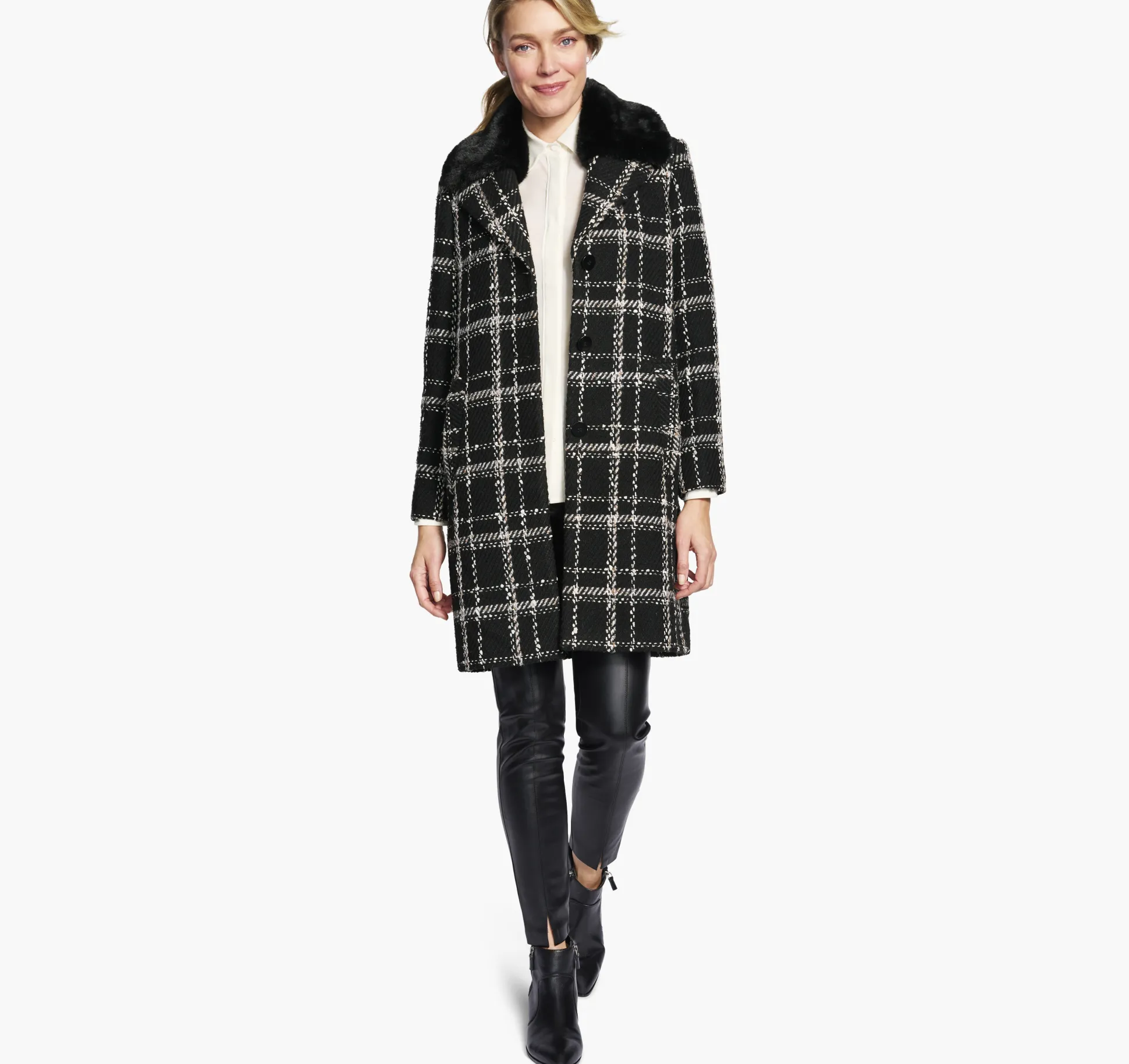 Plaid Coat with Removable Faux-Fur Collar
