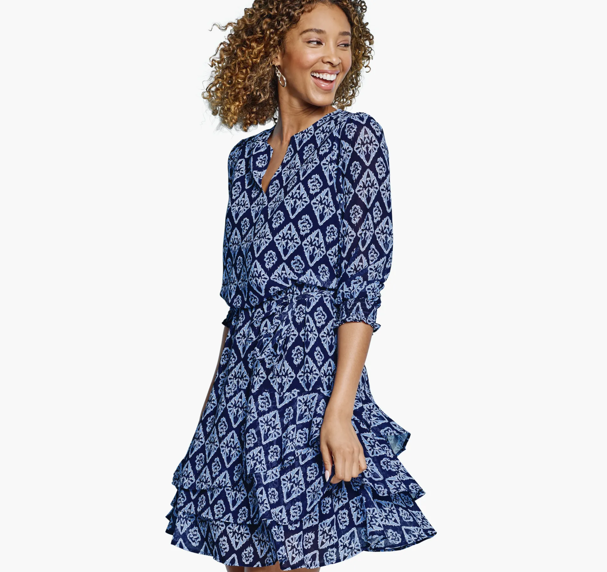 Tiered V-Neck Print Dress
